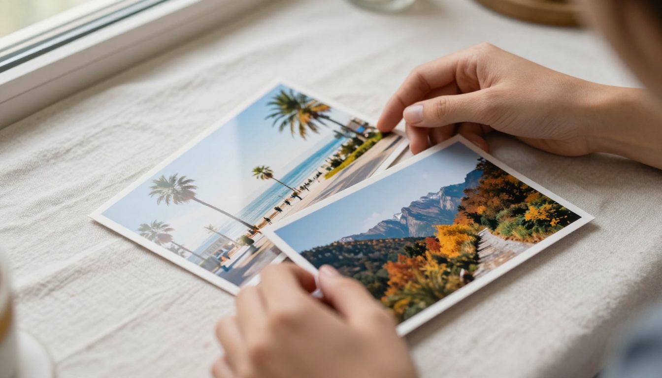 Two glossy printed photographs overlapping on a linen tablecloth