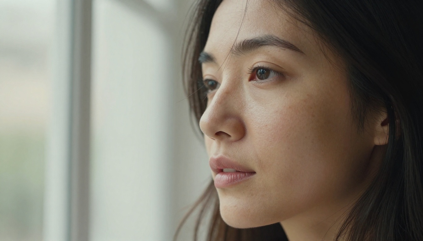 Close-up portrait of a woman by a window with visible pores and freckles in soft daylight