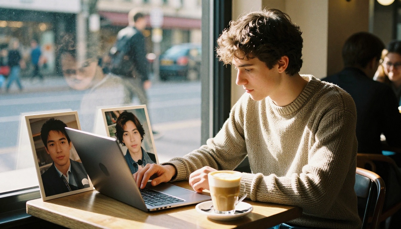 Man comparing two portrait photos on a laptop at a cafe window