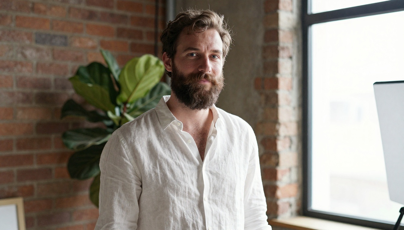 A bearded man in a white linen shirt in a sunlit loft with soft window light