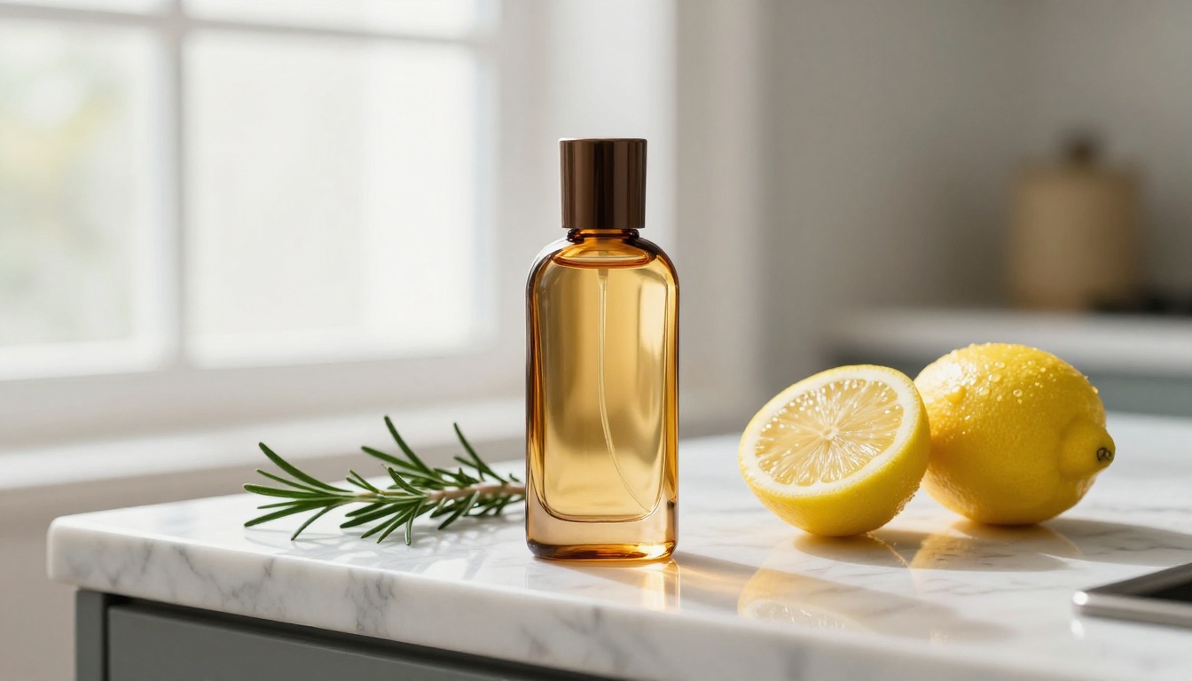 Amber perfume bottle on a marble kitchen counter beside lemons
