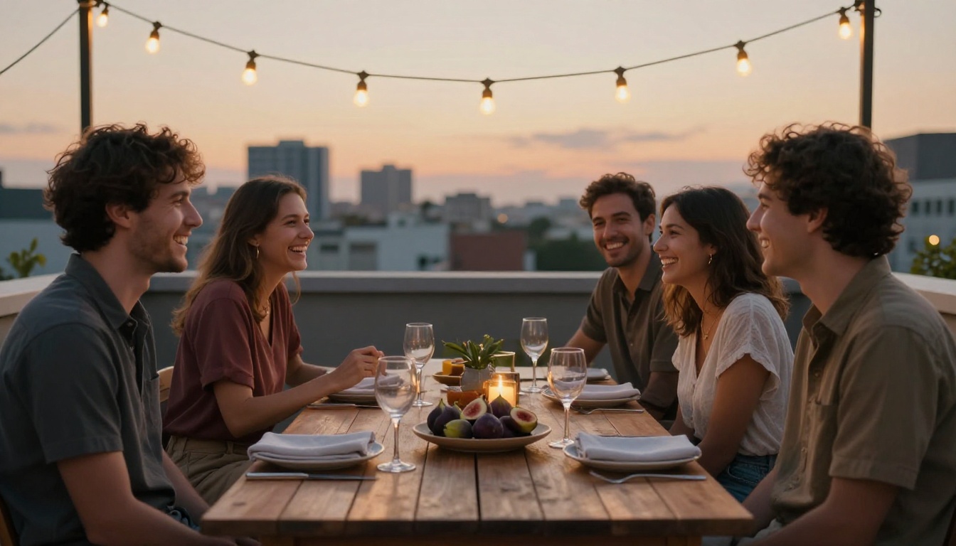 Four friends laughing around a rooftop dinner table at dusk