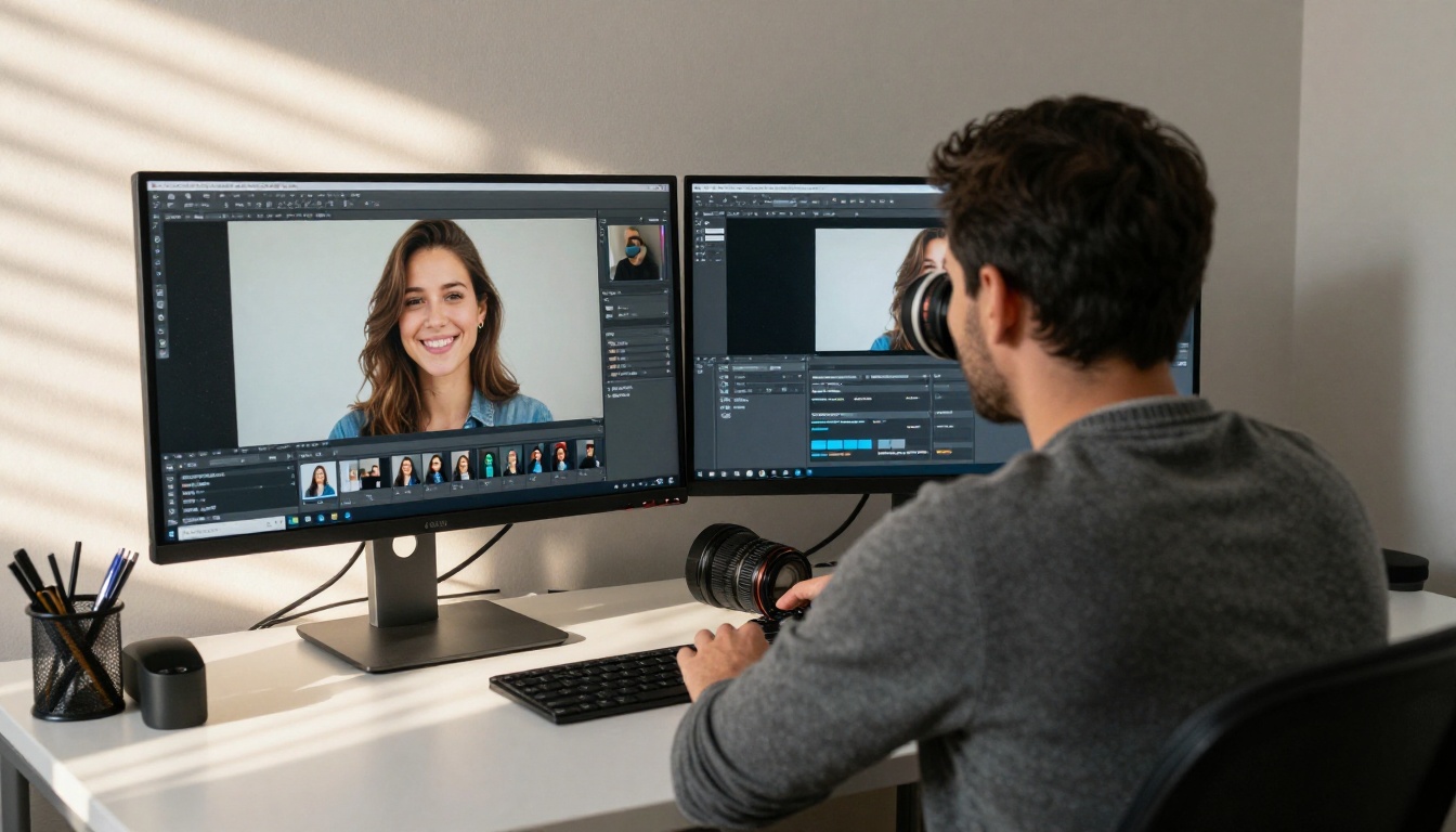 A photographer reviewing a crisp high resolution portrait on a large monitor