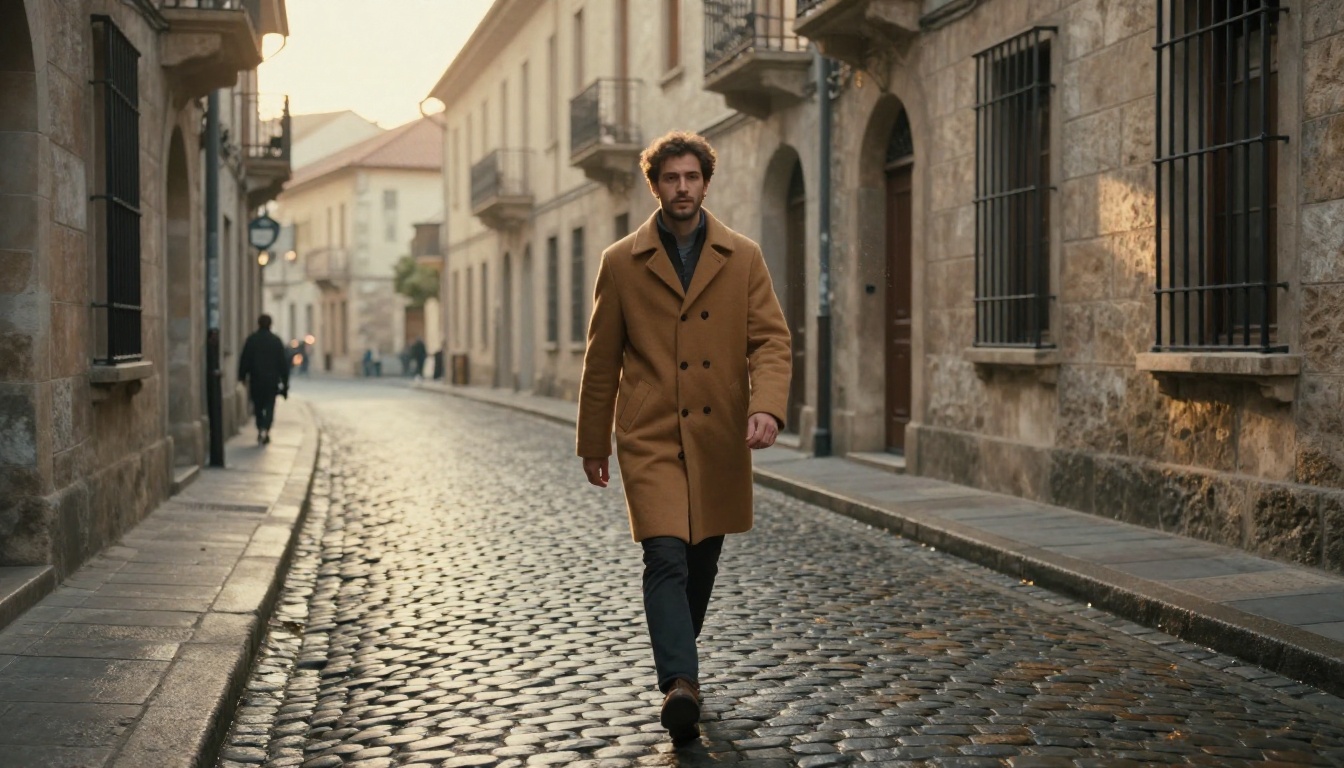 Man in a camel coat walking down a cobblestone street at golden hour