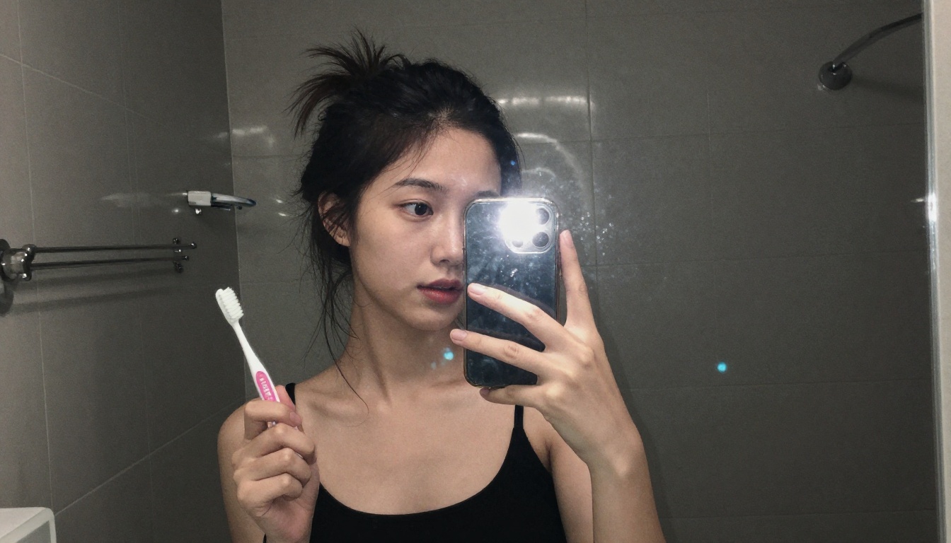 A mirror selfie in a dim bathroom with harsh flash glare on the glass