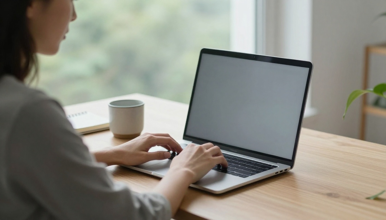 Woman typing a prompt at an oak desk beside a window