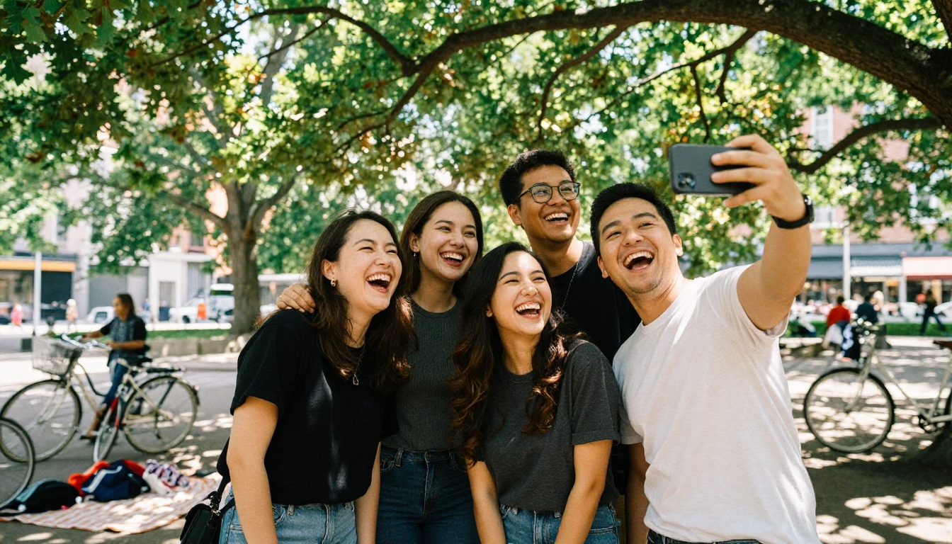 Four friends laughing during a group selfie in a sunny park