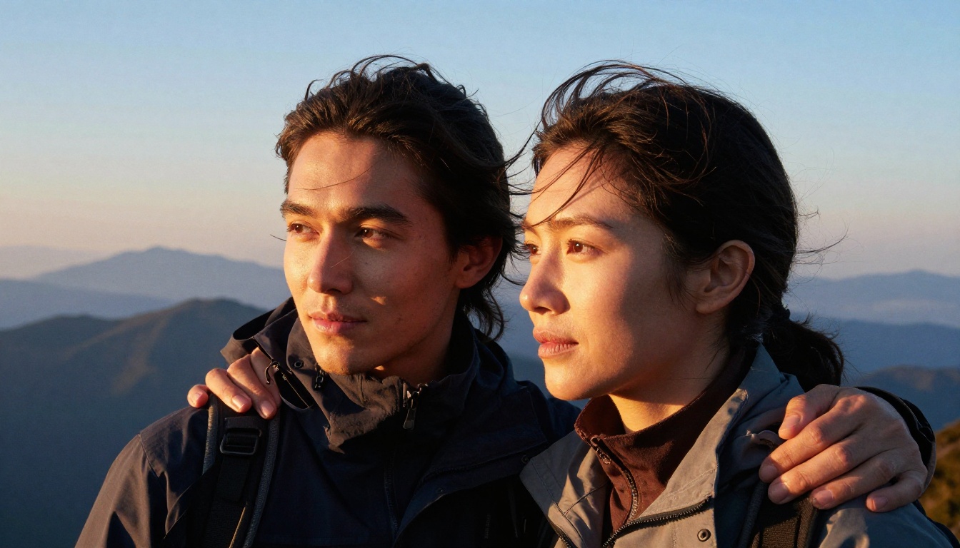 Couple on a mountain trail lit by the same warm sunset light