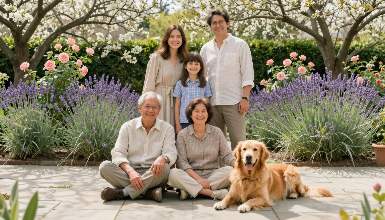 Three generations of a family posing on a stone patio in a spring garden