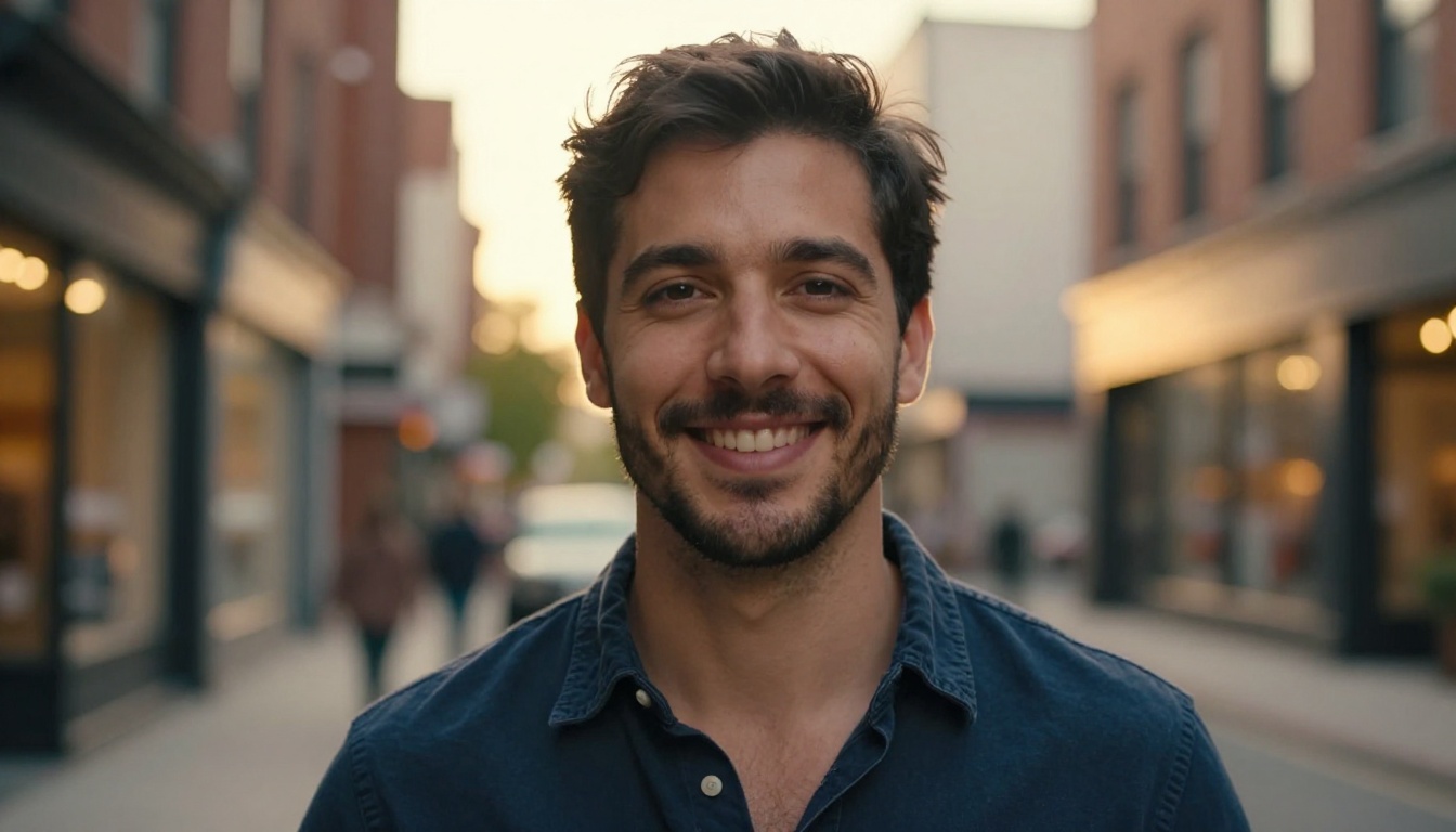 A warm natural portrait of a man smiling on a city street at golden hour