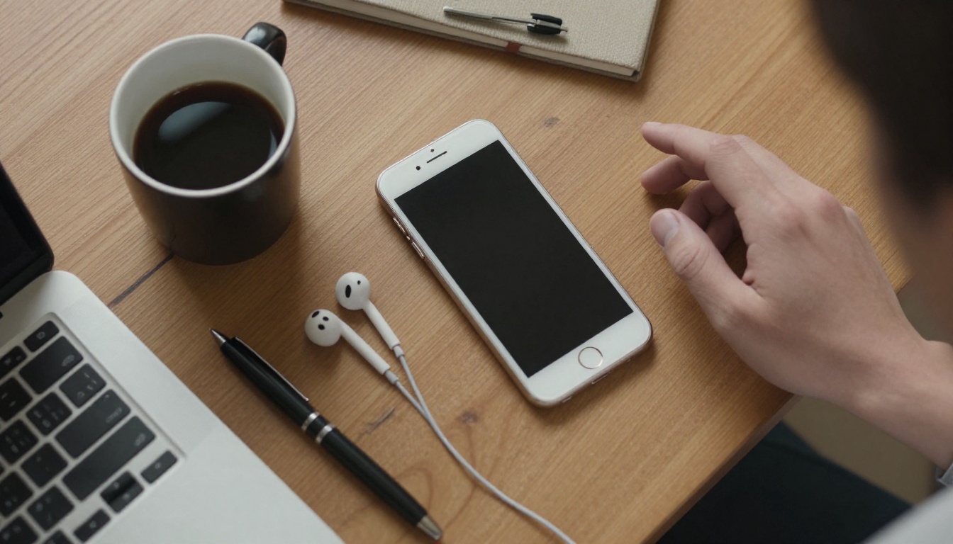 Overhead flat lay of a wooden desk with a phone, coffee and notebook