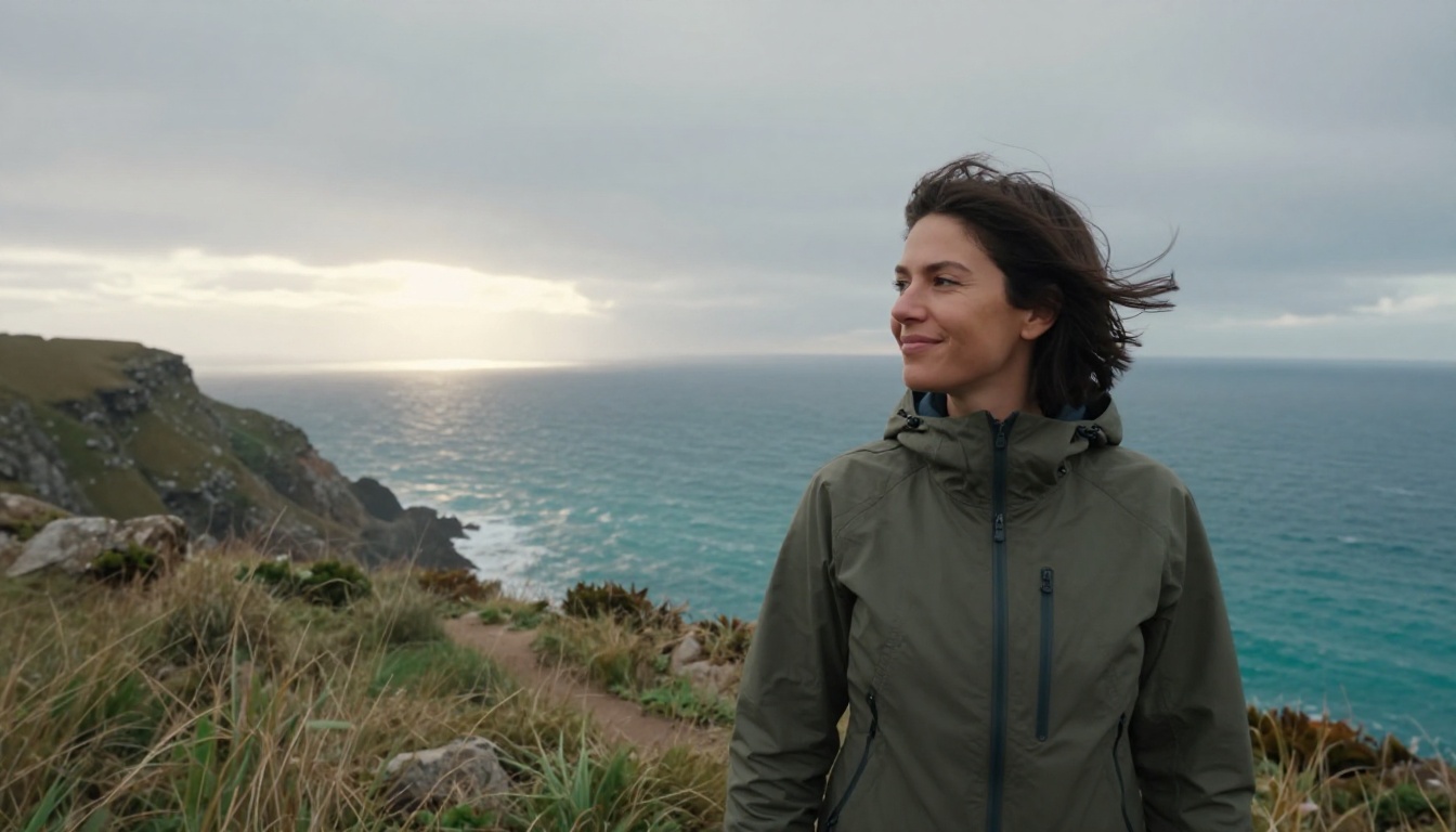 A woman in an olive jacket hiking along a coastal cliff trail