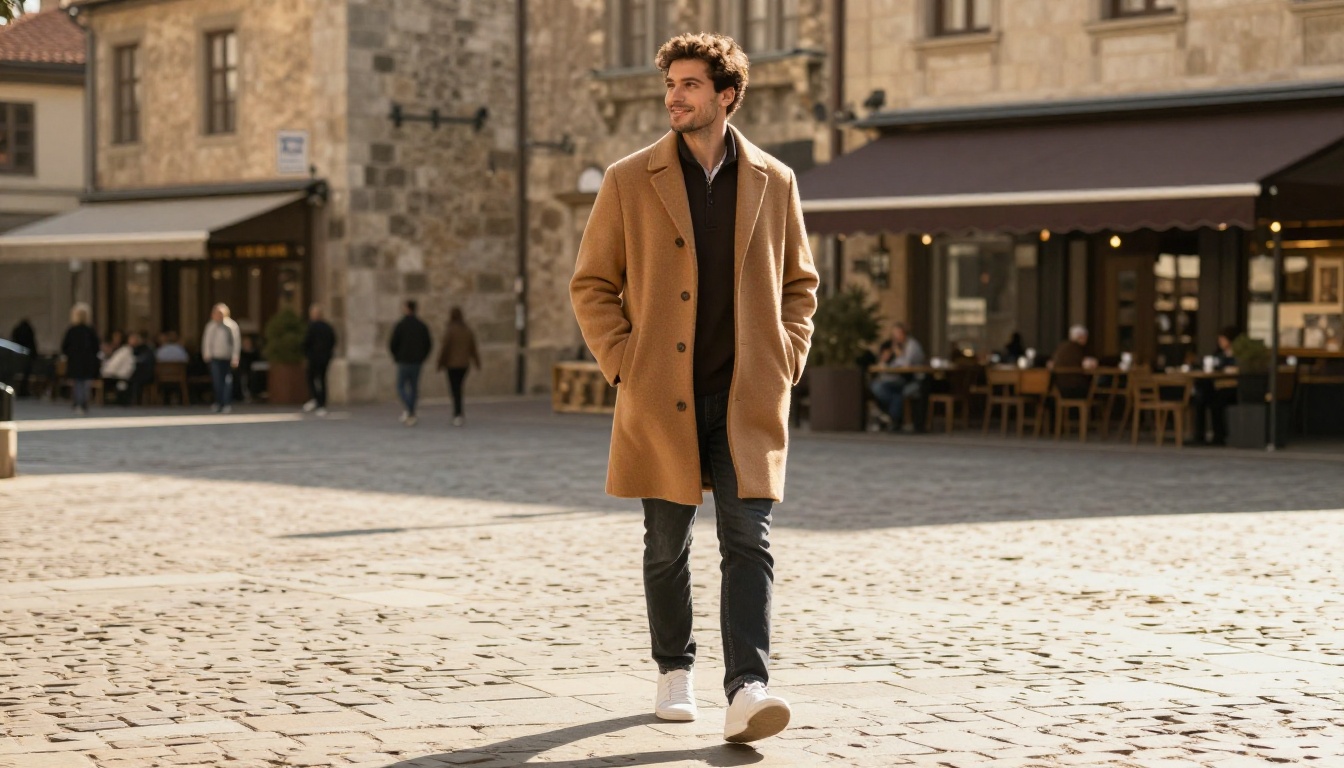 Full length shot of a man in a camel coat walking across a sunlit plaza