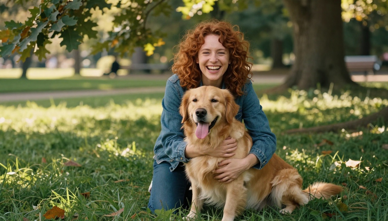 A woman laughing while hugging a golden retriever in a park