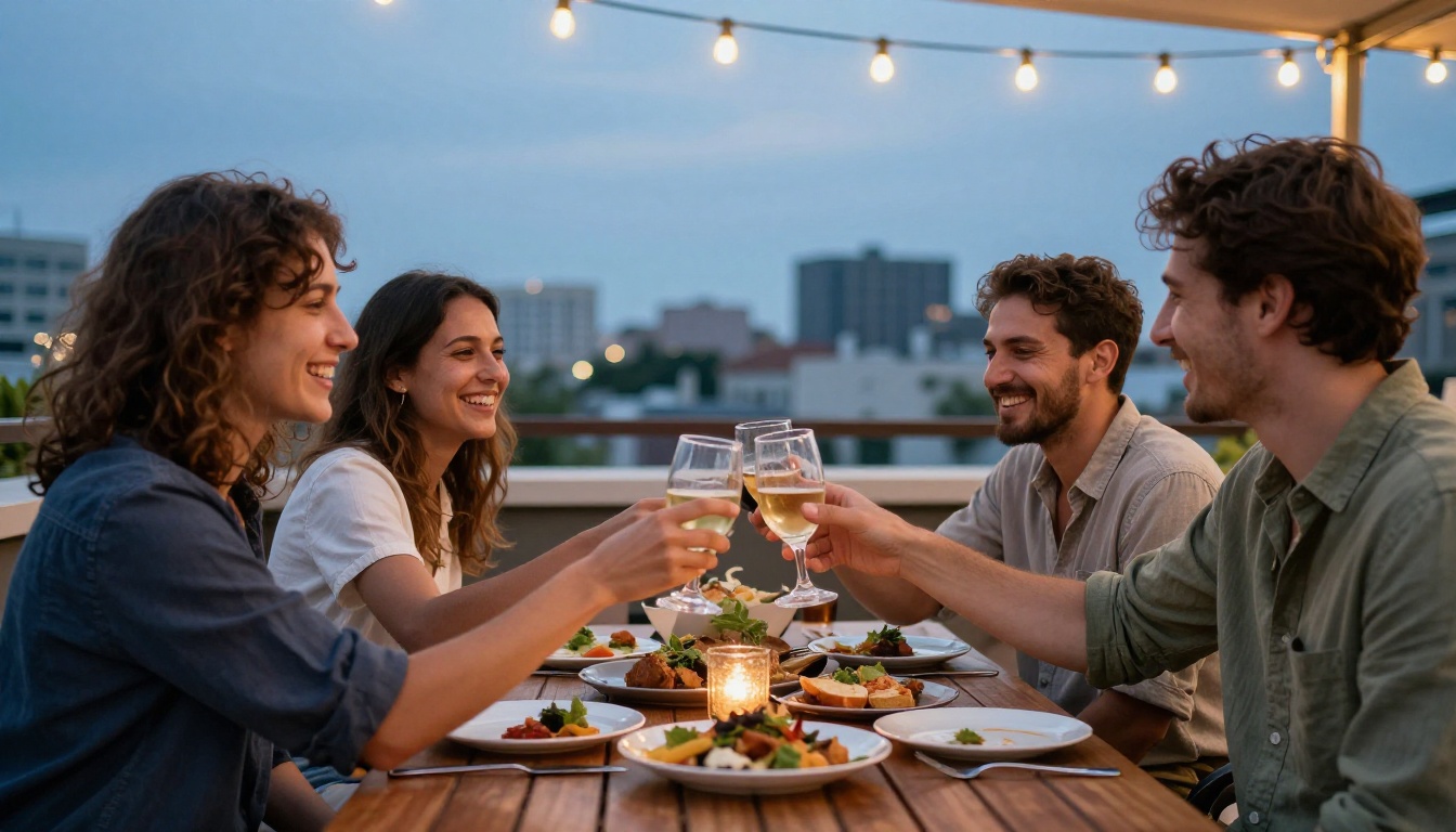 Friends laughing over dinner on a rooftop terrace at dusk