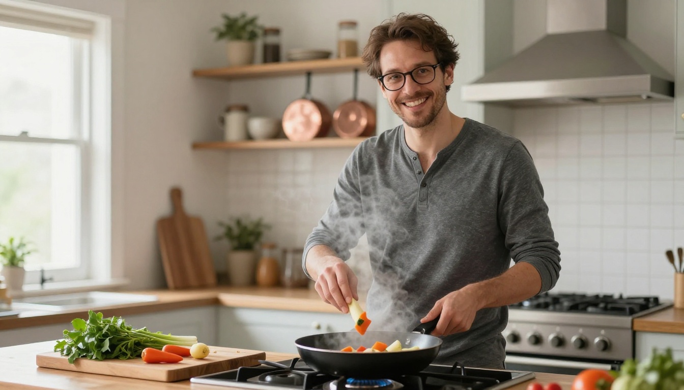 A man in glasses cooking in a bright home kitchen