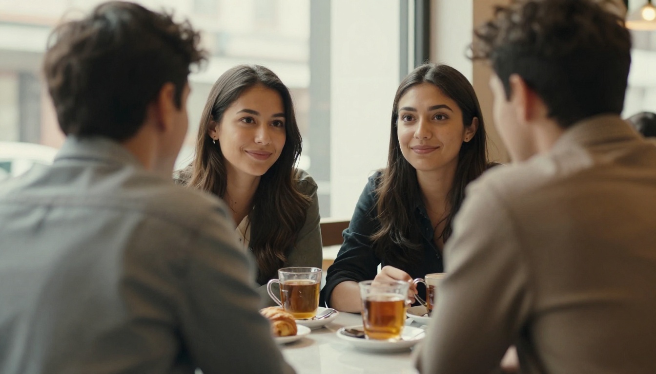 Over the shoulder view of two people on a first date at a café table
