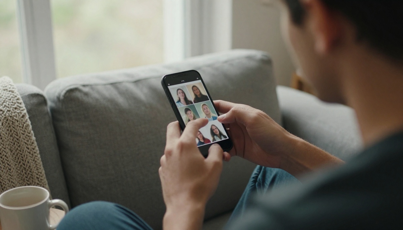 Man on a sofa scrolling a grid of profile photos on his phone
