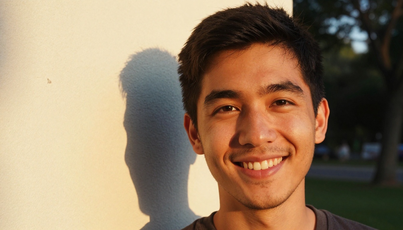 Smiling man in golden hour light with a soft rim on his hair