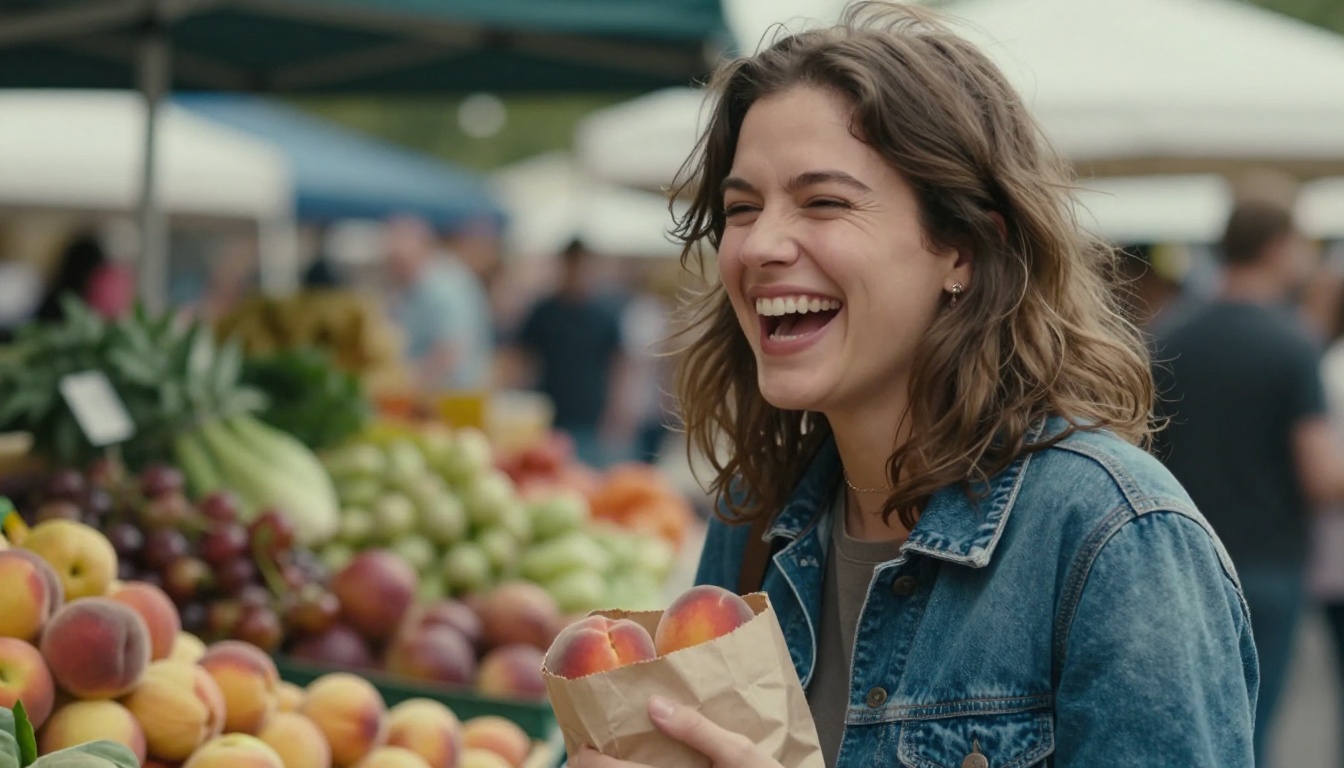 Woman laughing at a farmers market with crinkled eyes