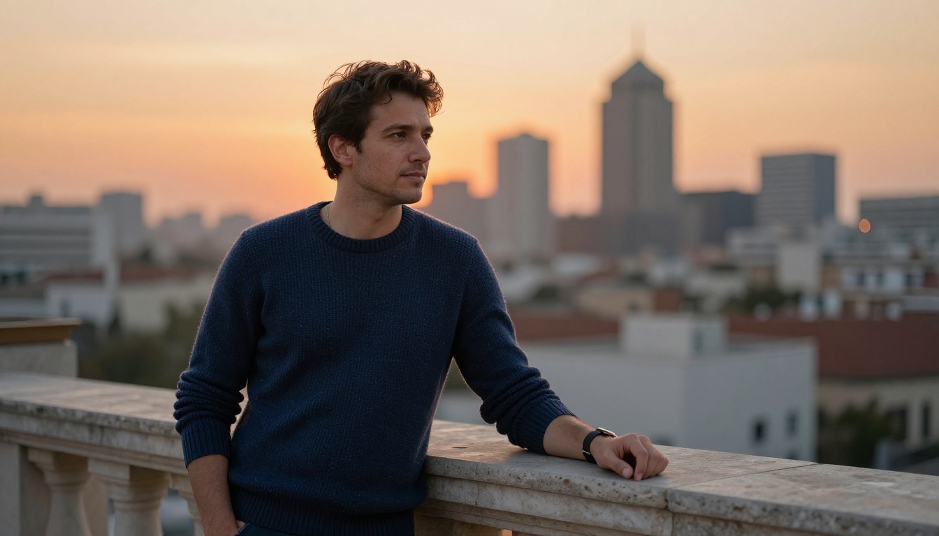 Man in a navy sweater on a rooftop terrace with a softly blurred skyline