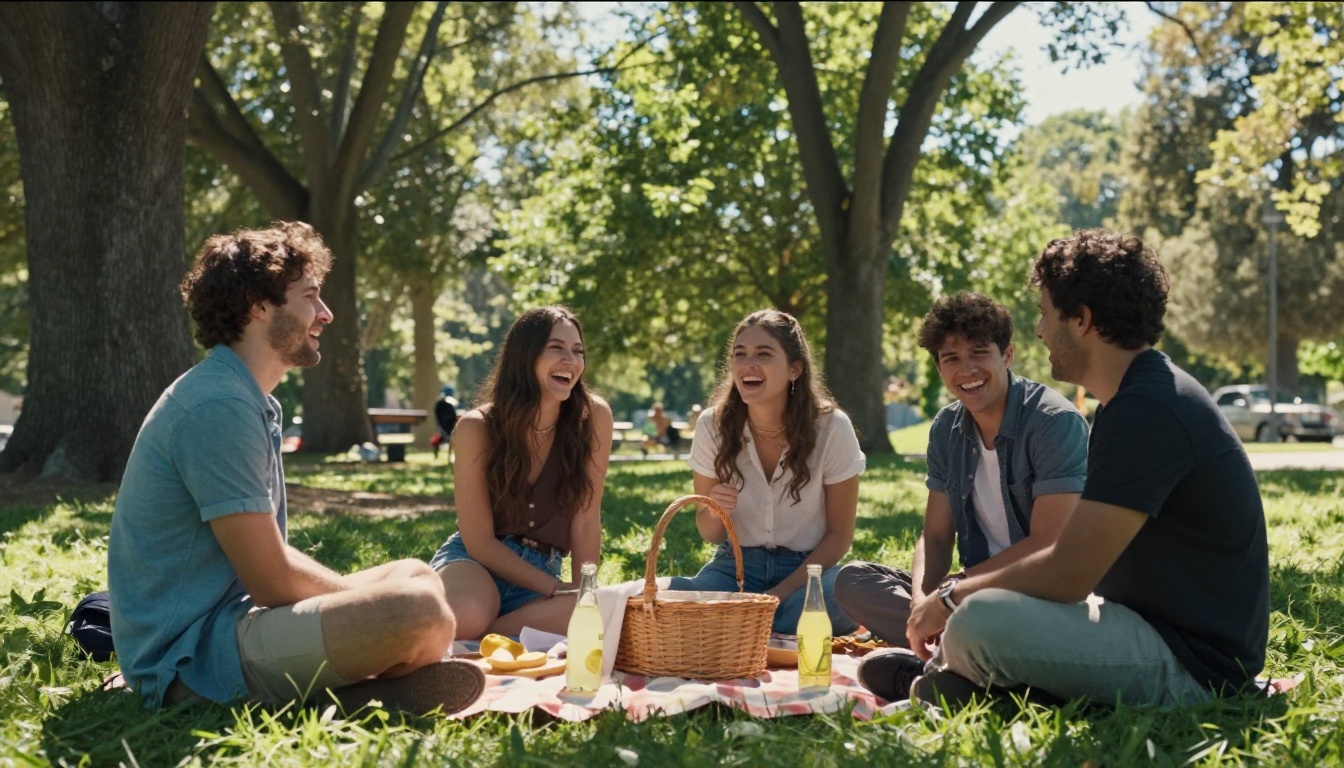 Four friends laughing on a picnic blanket in a park