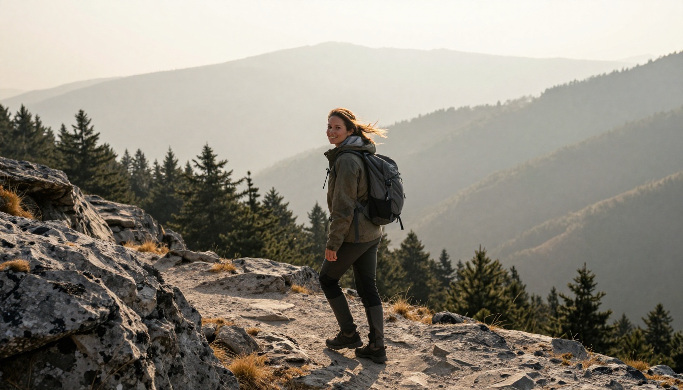 Woman hiking a mountain trail and glancing back with a smile