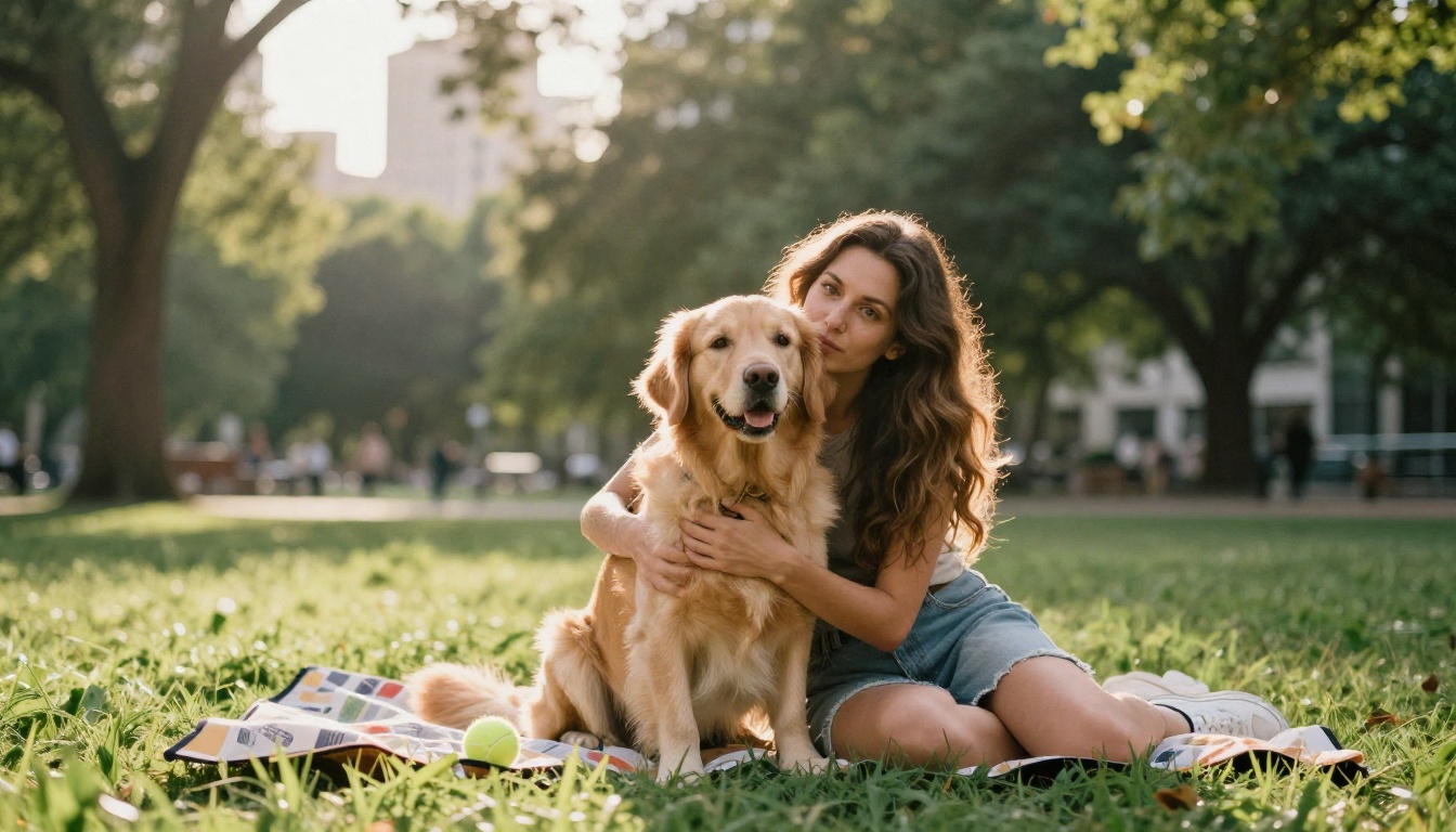 Woman hugging a golden retriever on the grass in a city park
