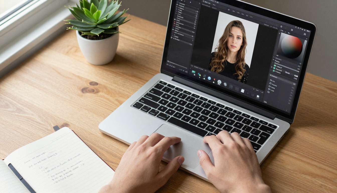 Laptop on a wooden desk showing a portrait photo in an editing window