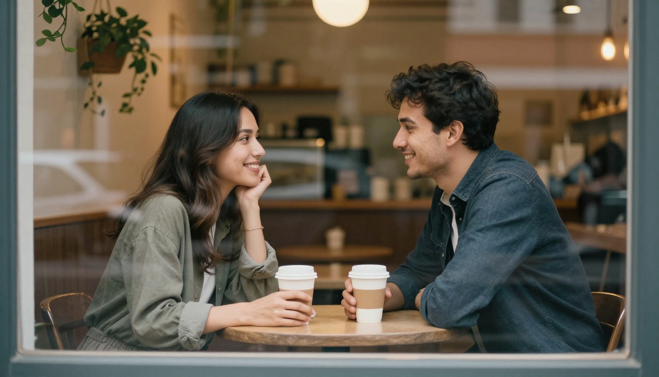 Man and woman smiling across a café table on a first date