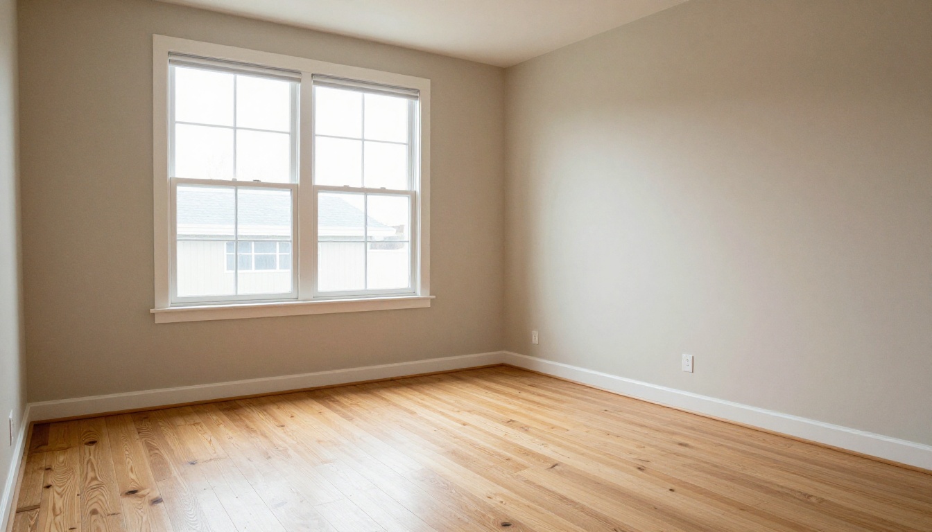 Empty living room with bare oak floors and a bay window before virtual staging