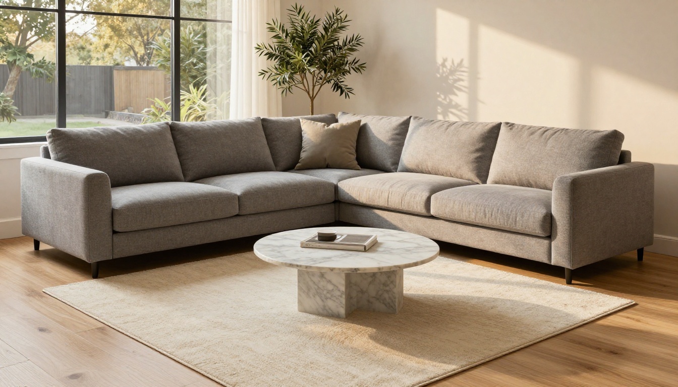 The same living room after AI virtual staging with a grey sectional sofa and an olive tree