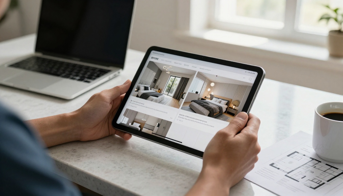 Real estate agent holding a tablet that shows a before and after staging comparison