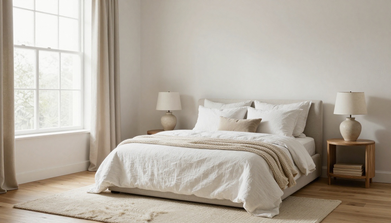 Bedroom virtually staged in a Scandinavian style with white linen bedding and oak nightstands