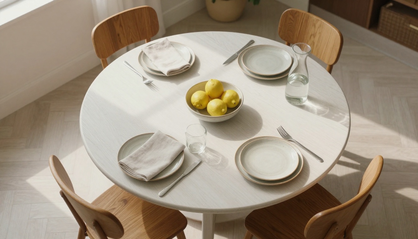 Overhead view of a staged dining nook with a round oak table and curved chairs