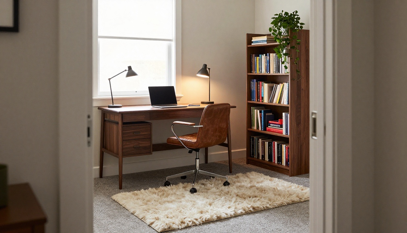 Spare bedroom virtually staged as a home office with a walnut desk and bookshelf