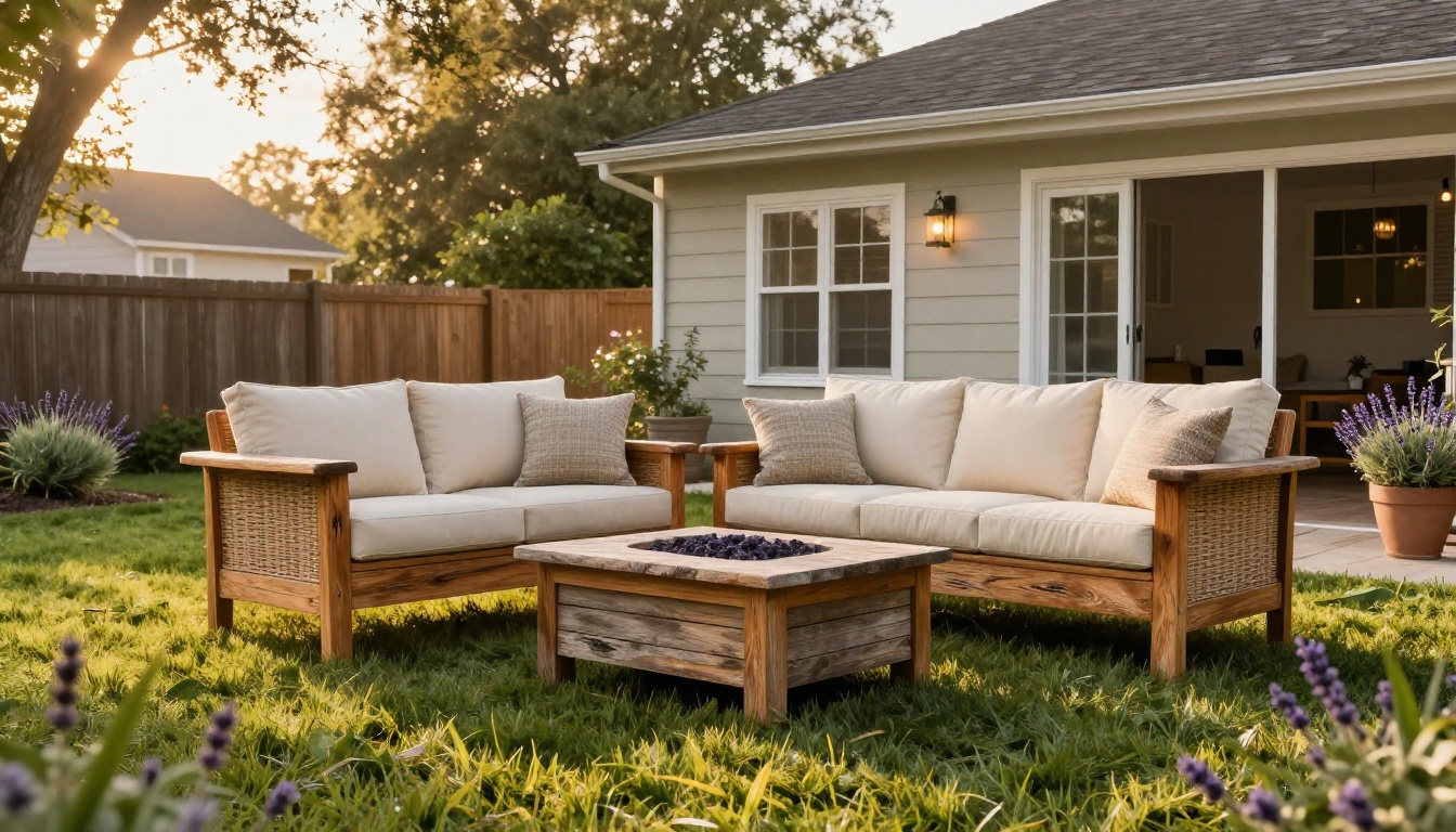 Backyard patio virtually staged with a teak sofa and a stone fire bowl at golden hour