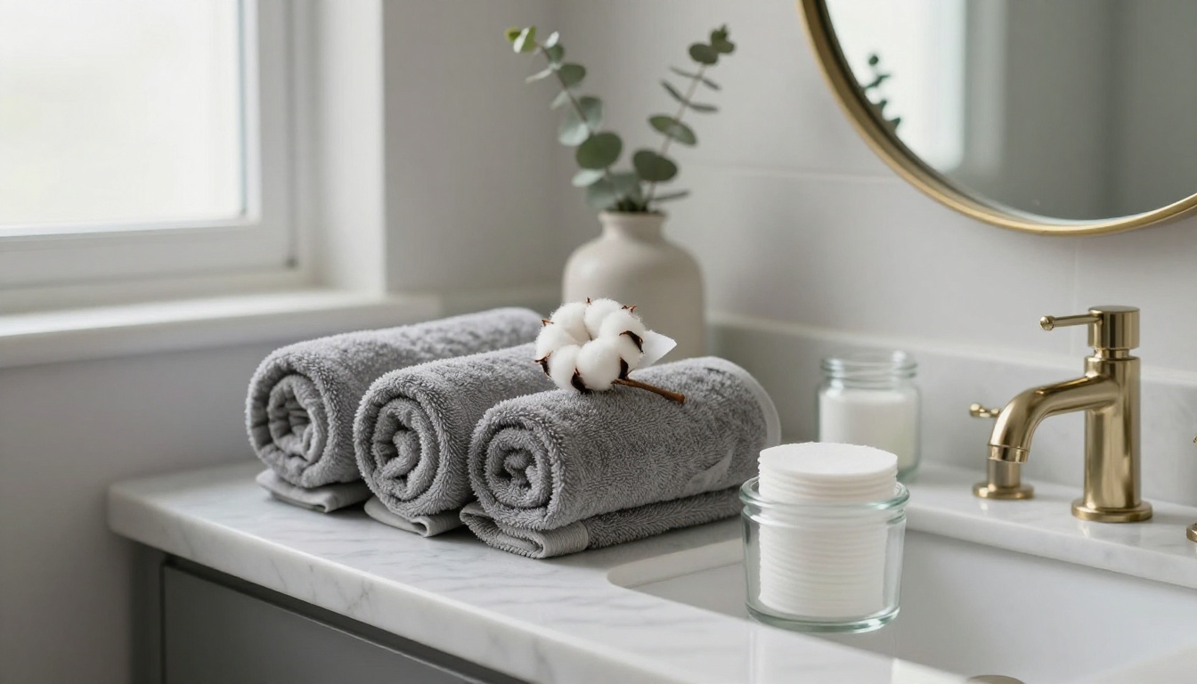 Close-up of a staged bathroom vanity with rolled towels and a eucalyptus sprig