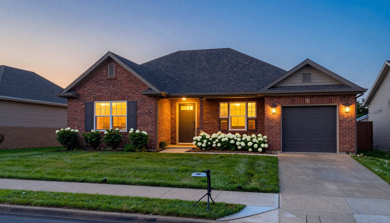 Suburban house exterior at dusk with warm lights in the windows