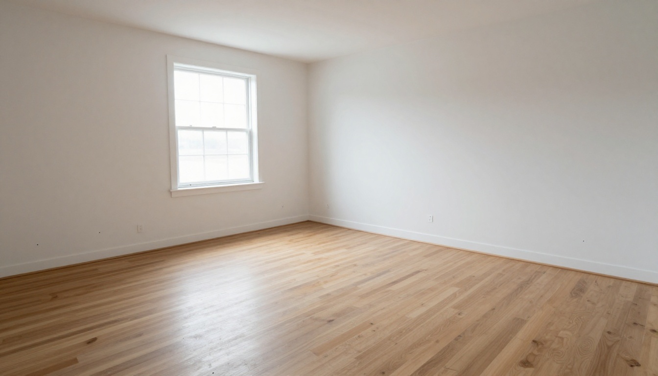 An empty living room with bare white walls and scuffed hardwood floors before any staging An empty living room with bare white walls and scuffed hardwood floors before any staging
