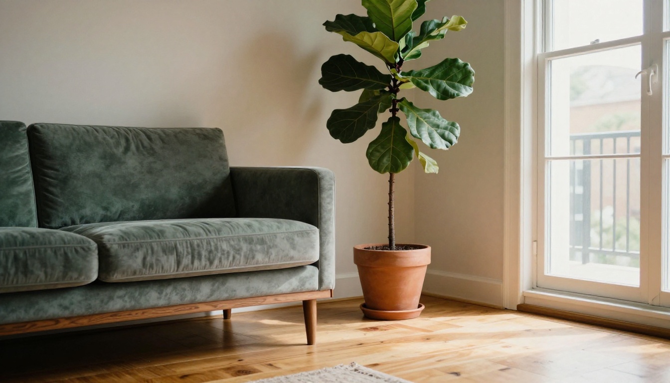 The same style of living room staged with a velvet sofa, walnut sideboard, and a fiddle-leaf fig The same style of living room staged with a velvet sofa, walnut sideboard, and a fiddle-leaf fig