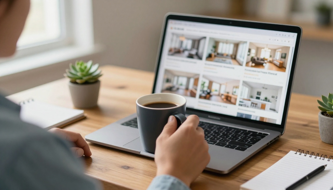 A real estate agent reviewing a grid of listing photos on a laptop at a wooden desk A real estate agent reviewing a grid of listing photos on a laptop at a wooden desk