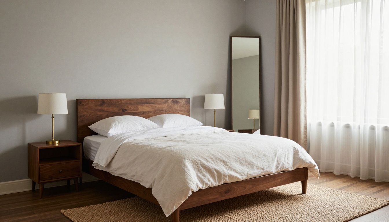 A staged primary bedroom with a queen bed in white and sand linen, shot from a high corner A staged primary bedroom with a queen bed in white and sand linen, shot from a high corner