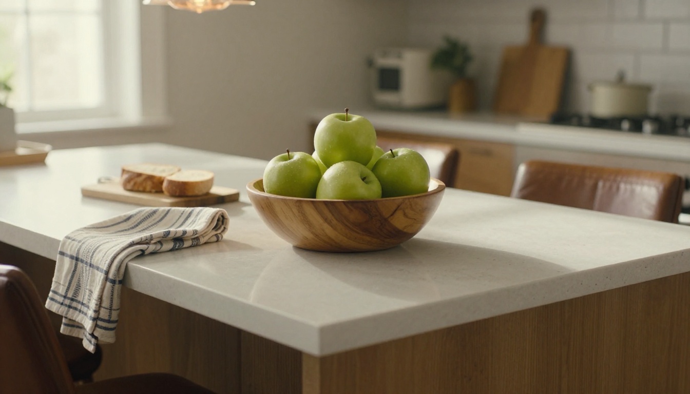 A staged kitchen island with a wooden bowl of green apples and two leather counter stools A staged kitchen island with a wooden bowl of green apples and two leather counter stools
