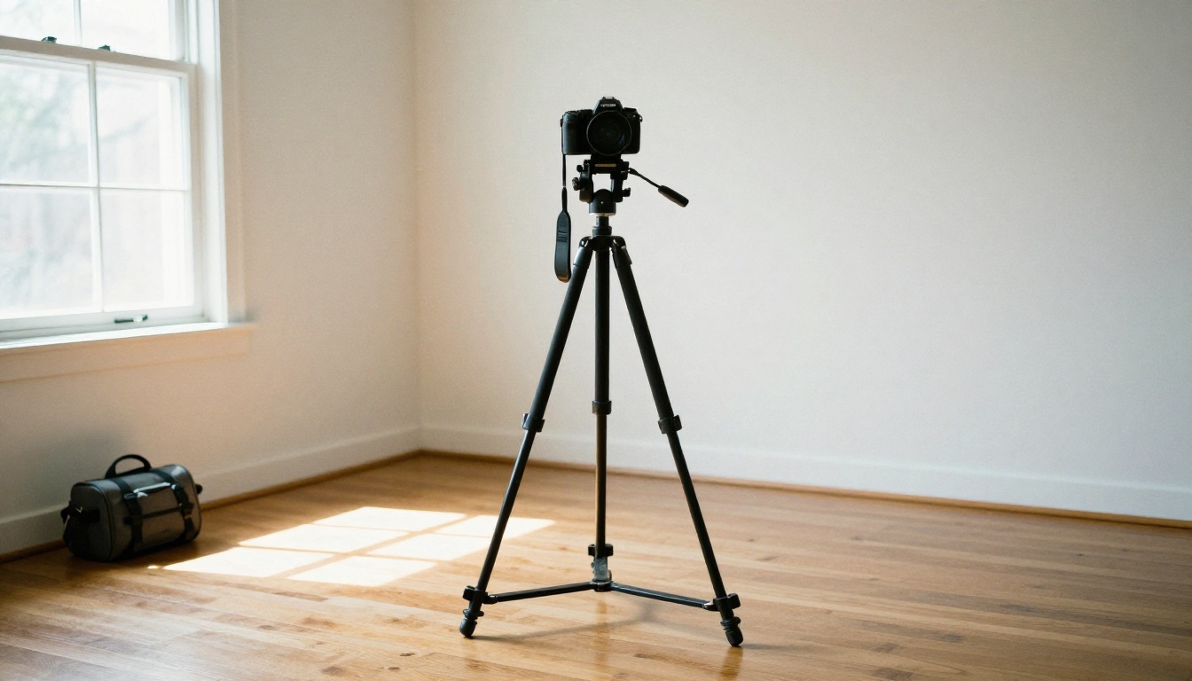 A camera on a tripod standing in an empty room with hardwood floors and a bright window A camera on a tripod standing in an empty room with hardwood floors and a bright window