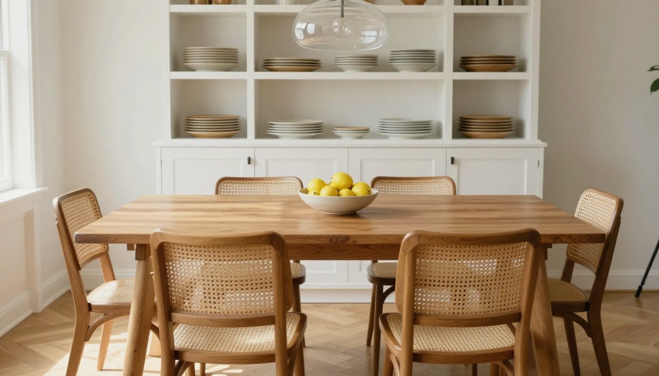 A staged dining room with an oak table, cane chairs, and a bowl of lemons, shot straight on A staged dining room with an oak table, cane chairs, and a bowl of lemons, shot straight on