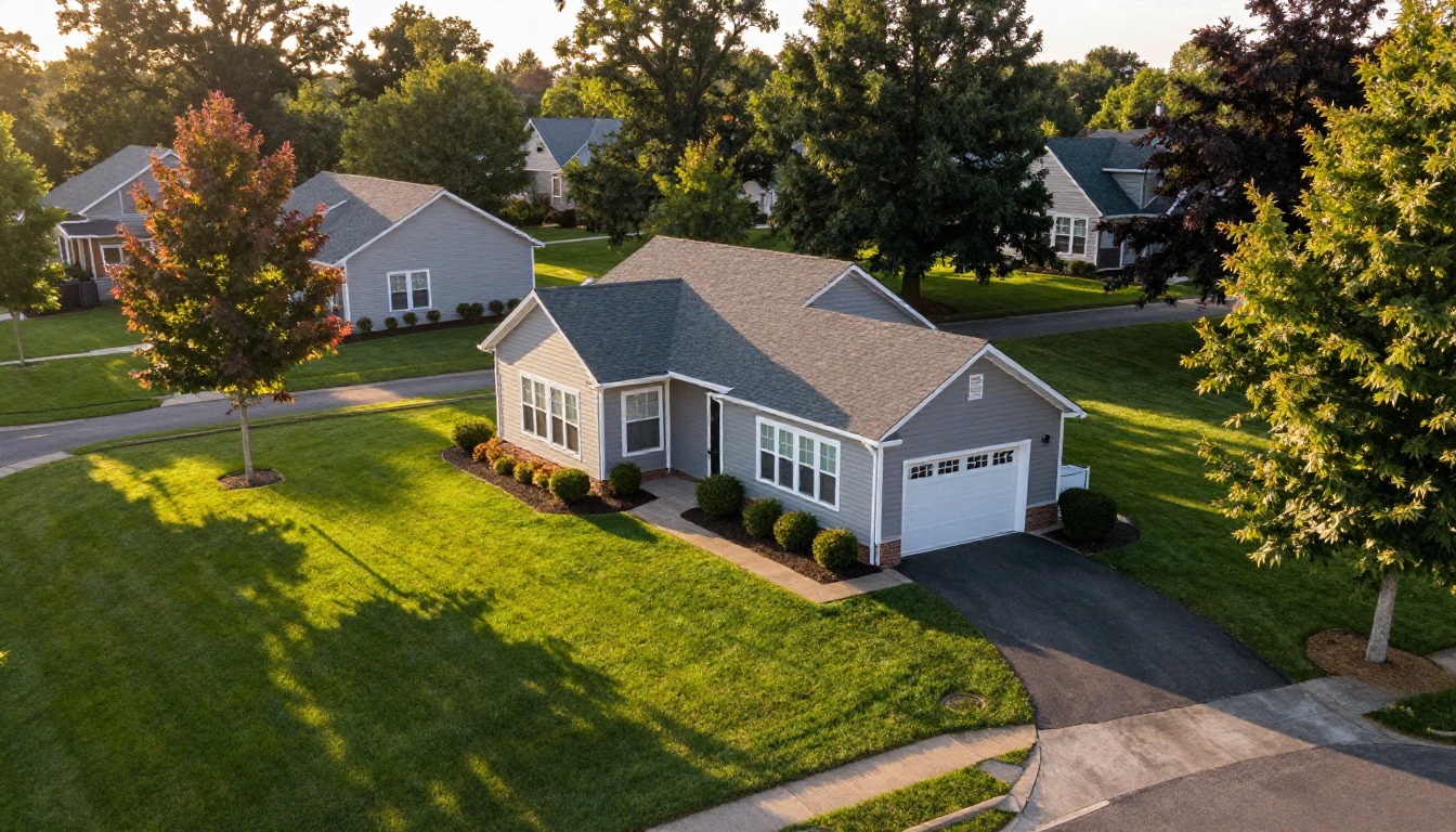 An aerial view of a two-story suburban house with gray siding at golden hour An aerial view of a two-story suburban house with gray siding at golden hour