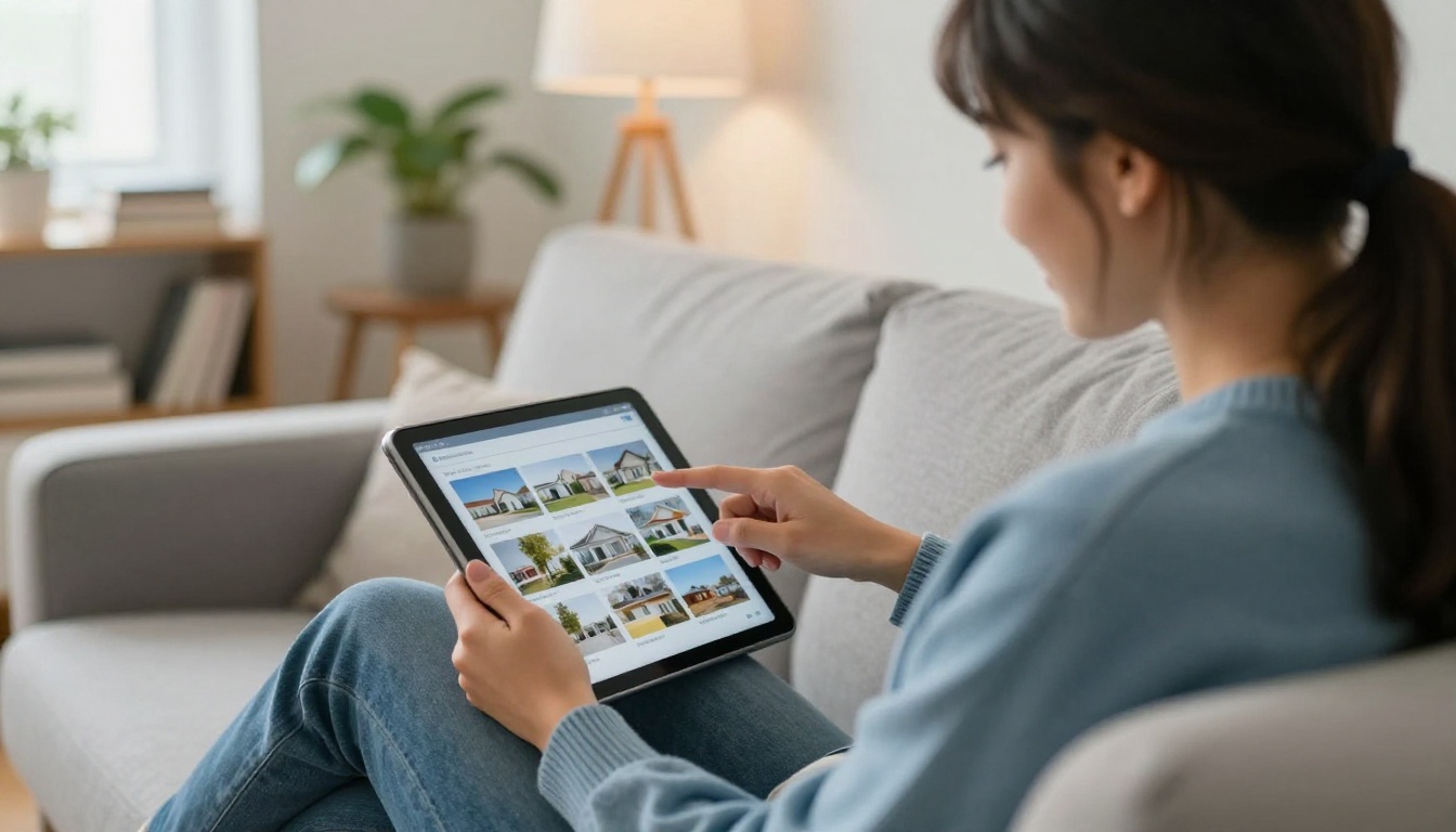 A young couple on a gray sofa browsing home listing photos on a tablet A young couple on a gray sofa browsing home listing photos on a tablet