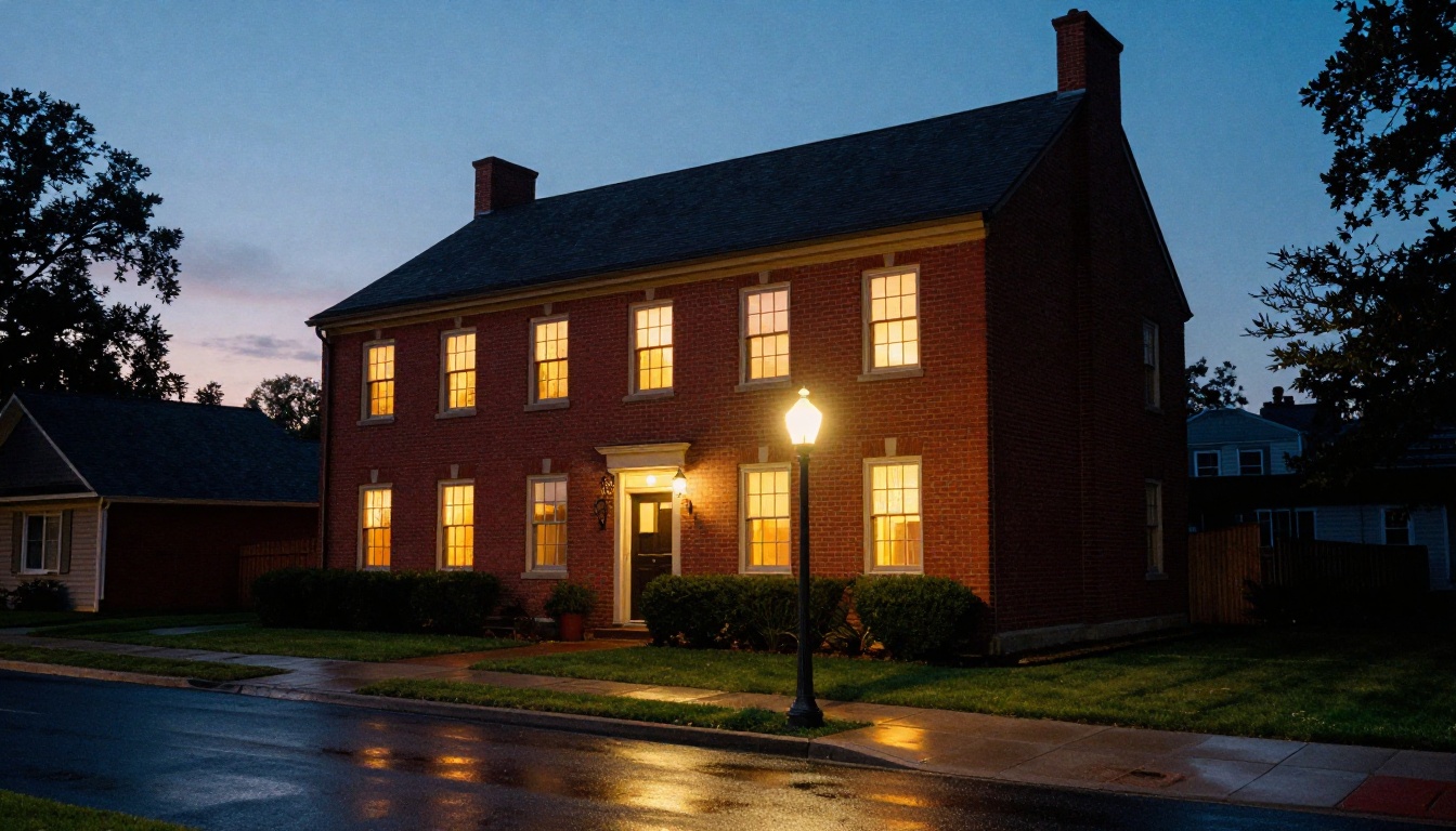 Red brick Colonial house at dusk with warm glowing windows and a lit front door