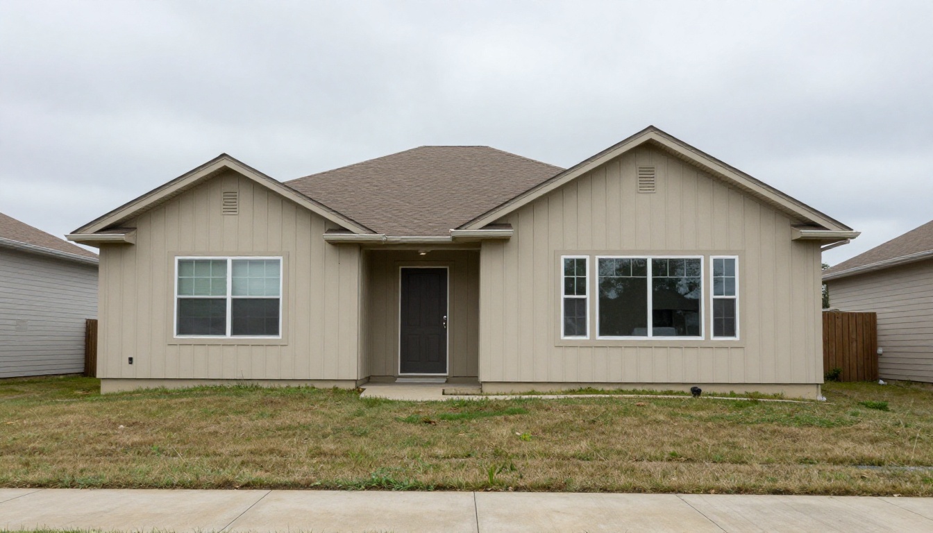 Flat midday exterior of a beige two-story house under a gray overcast sky